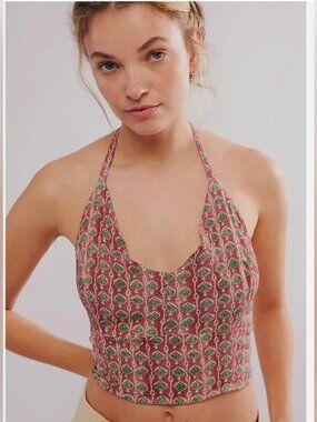 NWT Free People Pink & Green Print Halter Crop Top | Tie-Back | Size S